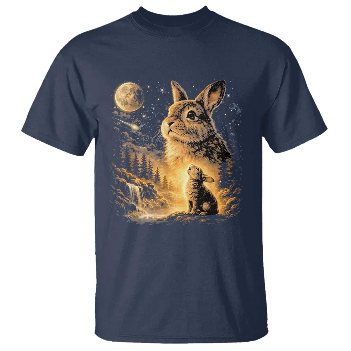 Mystical Moonlit Bunny Graphic T Shirt Glowing Rabbit Under Full Moon Waterfall Nature Scene TS02 Navy Print Your Wear