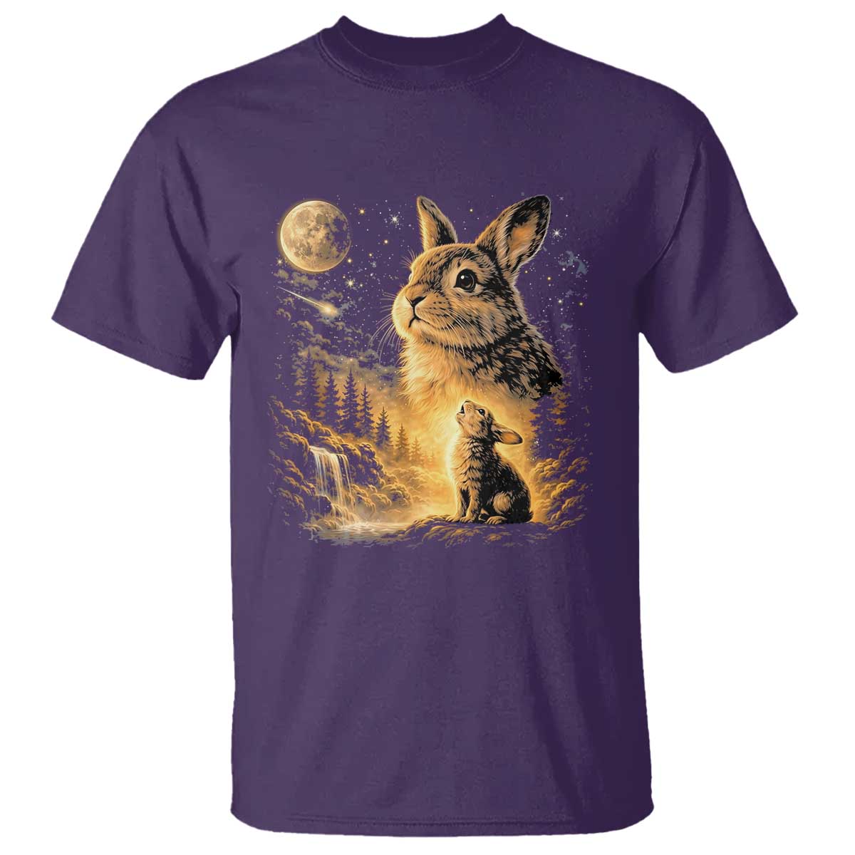 Mystical Moonlit Bunny Graphic T Shirt Glowing Rabbit Under Full Moon Waterfall Nature Scene TS02 Purple Print Your Wear