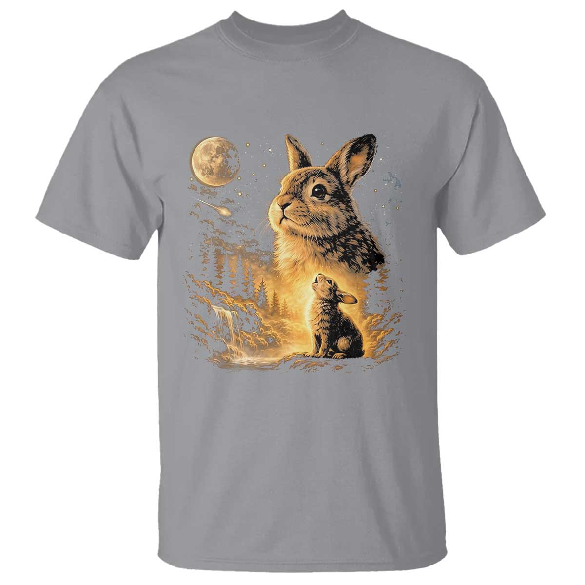 Mystical Moonlit Bunny Graphic T Shirt Glowing Rabbit Under Full Moon Waterfall Nature Scene TS02 Sport Gray Print Your Wear