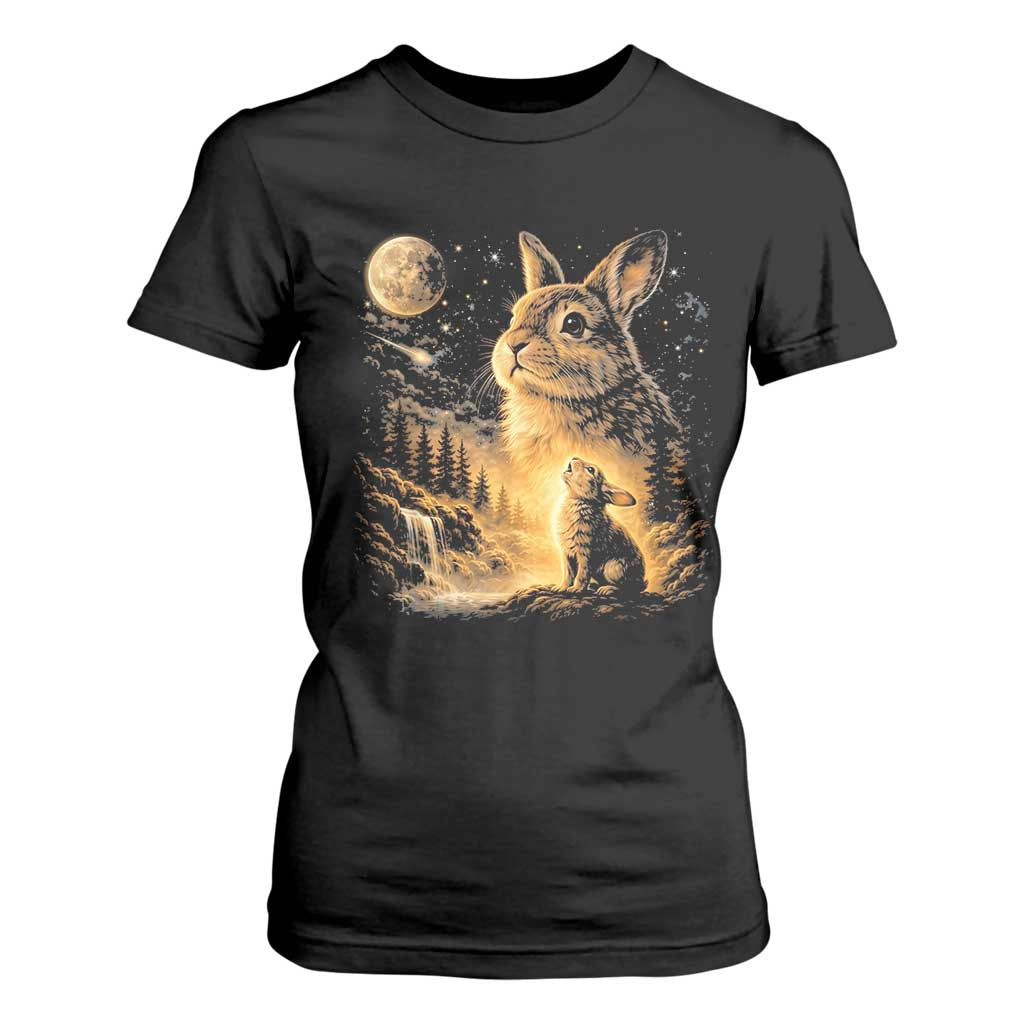 Mystical Moonlit Bunny Graphic T Shirt For Women Glowing Rabbit Under Full Moon Waterfall Nature Scene TS02 Black Print Your Wear
