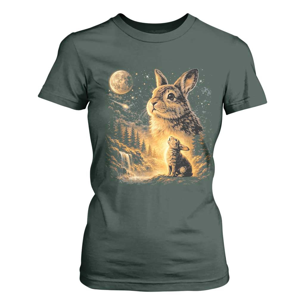 Mystical Moonlit Bunny Graphic T Shirt For Women Glowing Rabbit Under Full Moon Waterfall Nature Scene TS02 Dark Forest Green Print Your Wear