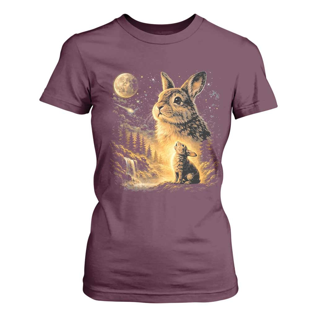 Mystical Moonlit Bunny Graphic T Shirt For Women Glowing Rabbit Under Full Moon Waterfall Nature Scene TS02 Maroon Print Your Wear