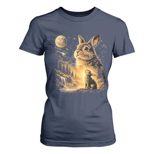 Mystical Moonlit Bunny Graphic T Shirt For Women Glowing Rabbit Under Full Moon Waterfall Nature Scene TS02 Navy Print Your Wear