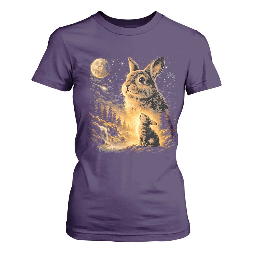 Mystical Moonlit Bunny Graphic T Shirt For Women Glowing Rabbit Under Full Moon Waterfall Nature Scene TS02 Purple Print Your Wear