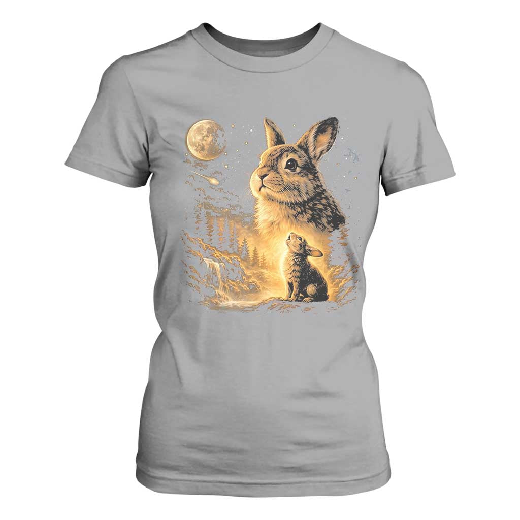 Mystical Moonlit Bunny Graphic T Shirt For Women Glowing Rabbit Under Full Moon Waterfall Nature Scene TS02 Sport Gray Print Your Wear