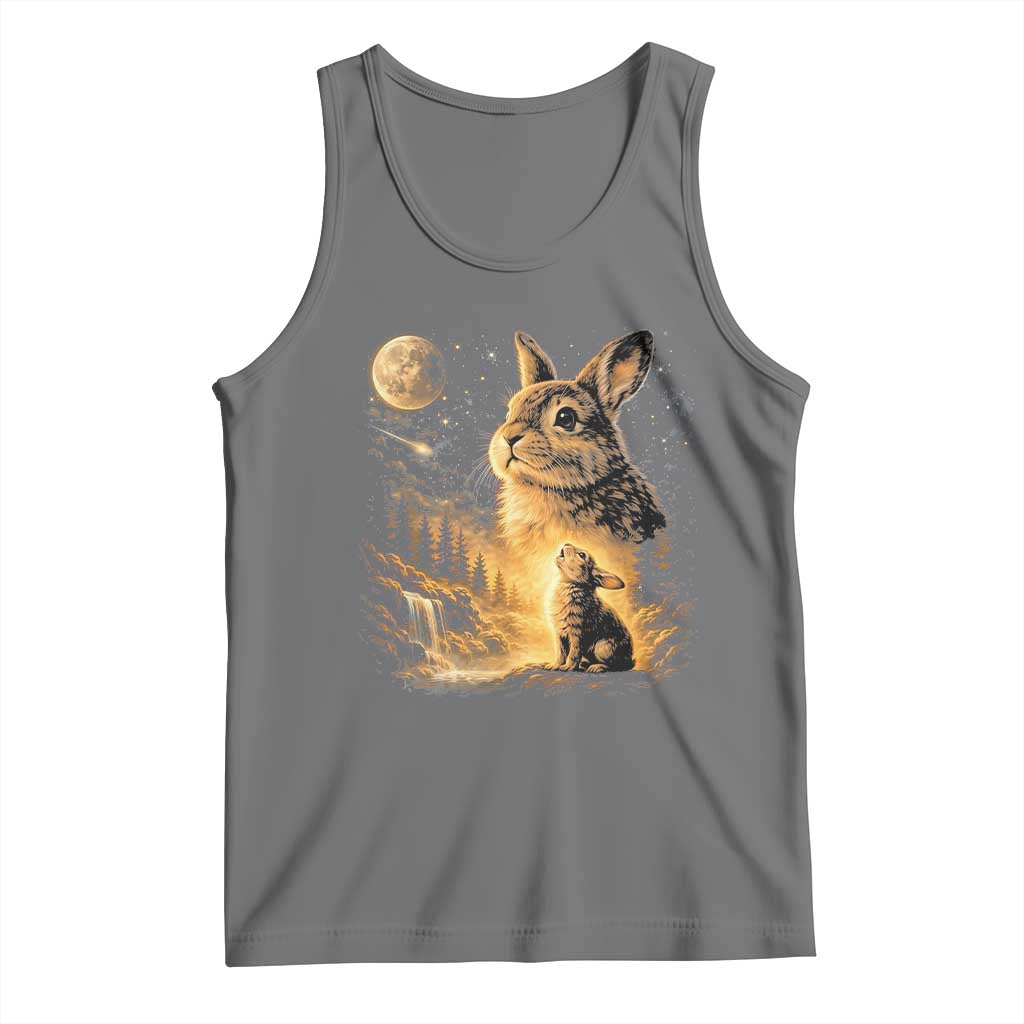 Mystical Moonlit Bunny Graphic Tank Top Glowing Rabbit Under Full Moon Waterfall Nature Scene TS02 Black Heather Print Your Wear