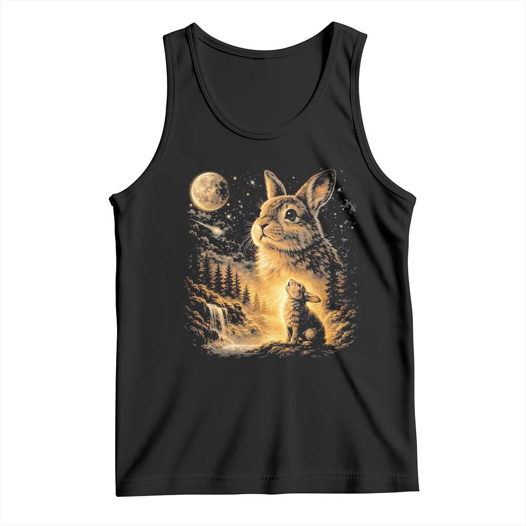 Mystical Moonlit Bunny Graphic Tank Top Glowing Rabbit Under Full Moon Waterfall Nature Scene TS02 Black Print Your Wear