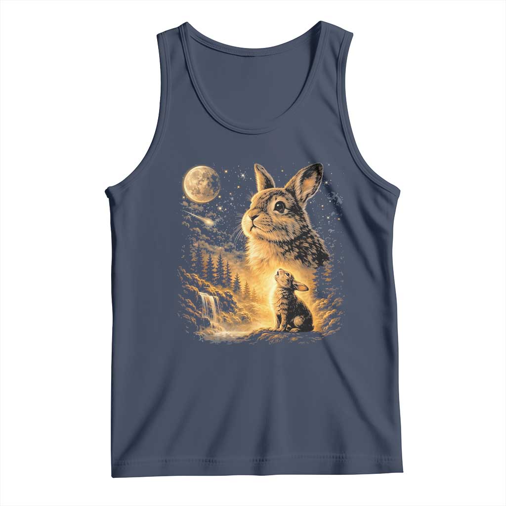 Mystical Moonlit Bunny Graphic Tank Top Glowing Rabbit Under Full Moon Waterfall Nature Scene TS02 Navy Print Your Wear