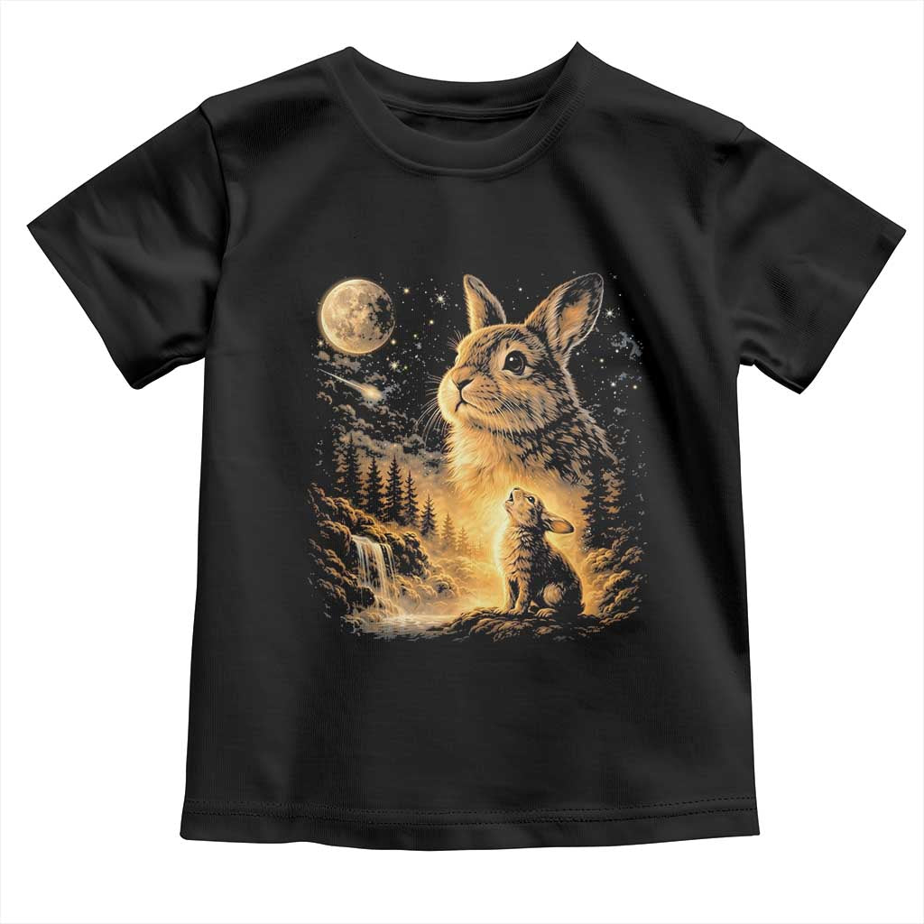 Mystical Moonlit Bunny Graphic Toddler T Shirt Glowing Rabbit Under Full Moon Waterfall Nature Scene TS02 Black Print Your Wear