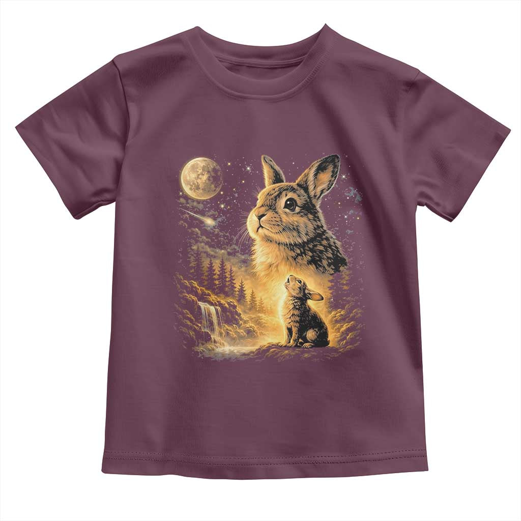 Mystical Moonlit Bunny Graphic Toddler T Shirt Glowing Rabbit Under Full Moon Waterfall Nature Scene TS02 Maroon Print Your Wear