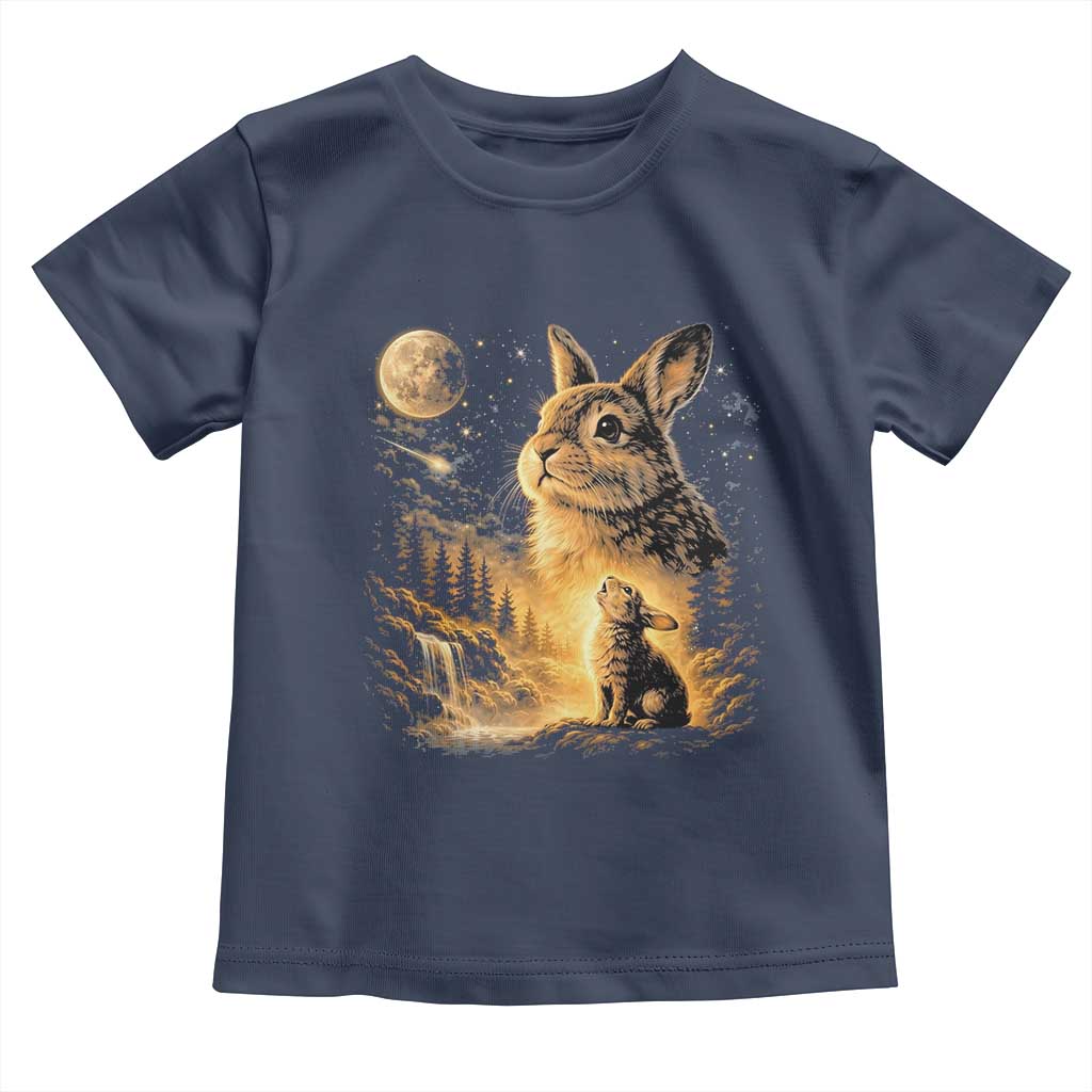 Mystical Moonlit Bunny Graphic Toddler T Shirt Glowing Rabbit Under Full Moon Waterfall Nature Scene TS02 Navy Print Your Wear