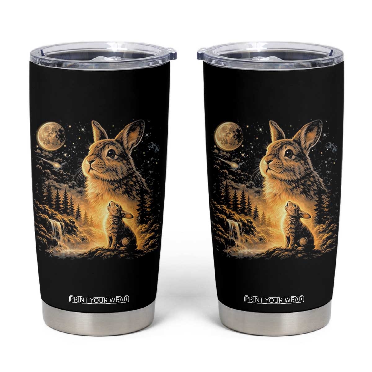 Mystical Moonlit Bunny Graphic Tumbler Cup Glowing Rabbit Under Full Moon Waterfall Nature Scene TS02 Black Print Your Wear