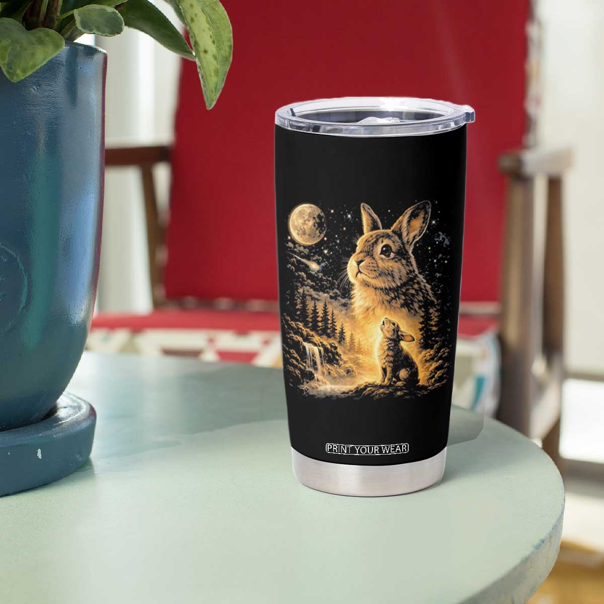 Mystical Moonlit Bunny Graphic Tumbler Cup Glowing Rabbit Under Full Moon Waterfall Nature Scene TS02 Print Your Wear