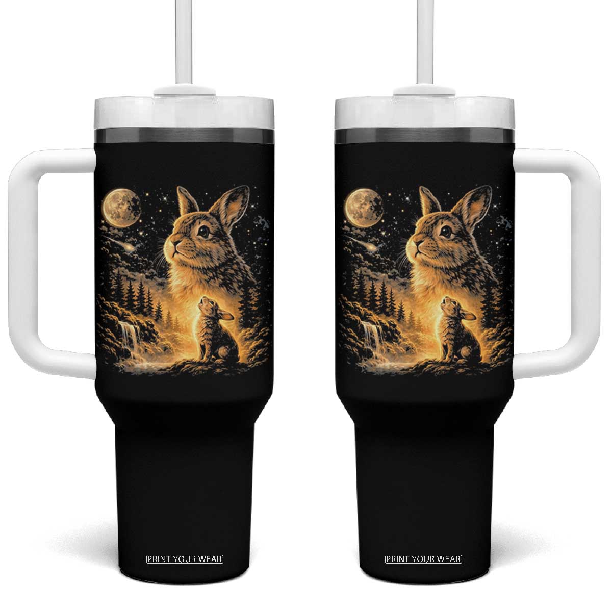 Mystical Moonlit Bunny Graphic Tumbler With Handle Glowing Rabbit Under Full Moon Waterfall Nature Scene TS02 One Size: 40 oz Black Print Your Wear