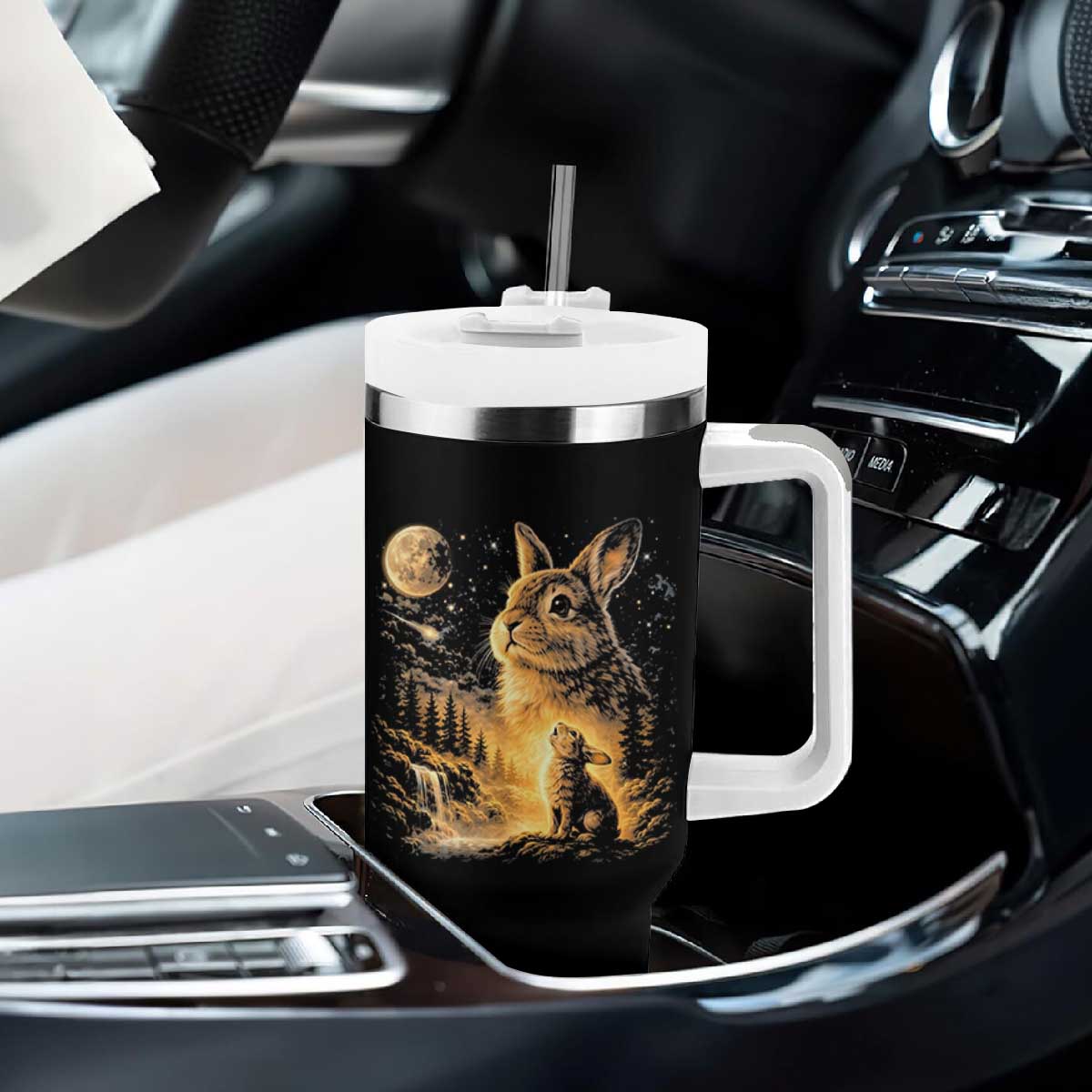 Mystical Moonlit Bunny Graphic Tumbler With Handle Glowing Rabbit Under Full Moon Waterfall Nature Scene TS02 Print Your Wear