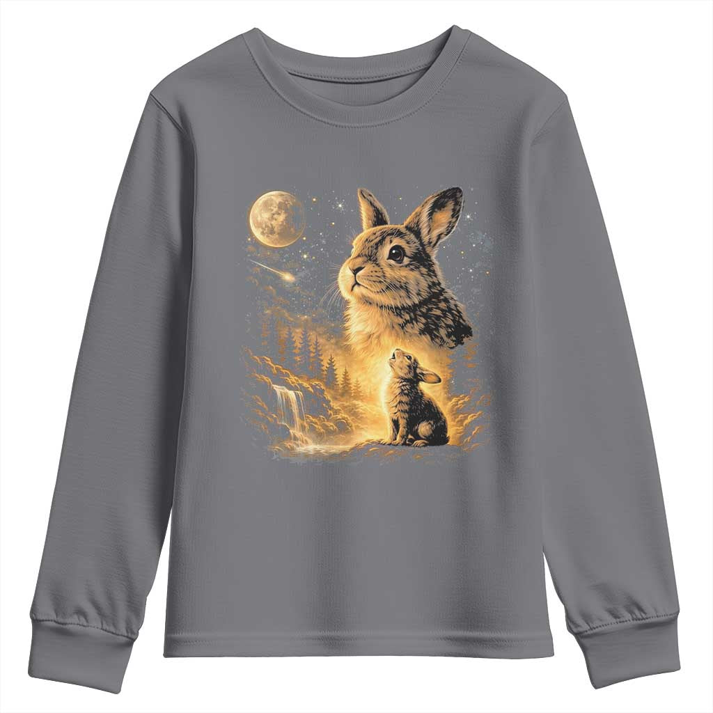 Mystical Moonlit Bunny Graphic Youth Sweatshirt Glowing Rabbit Under Full Moon Waterfall Nature Scene TS02 Charcoal Print Your Wear