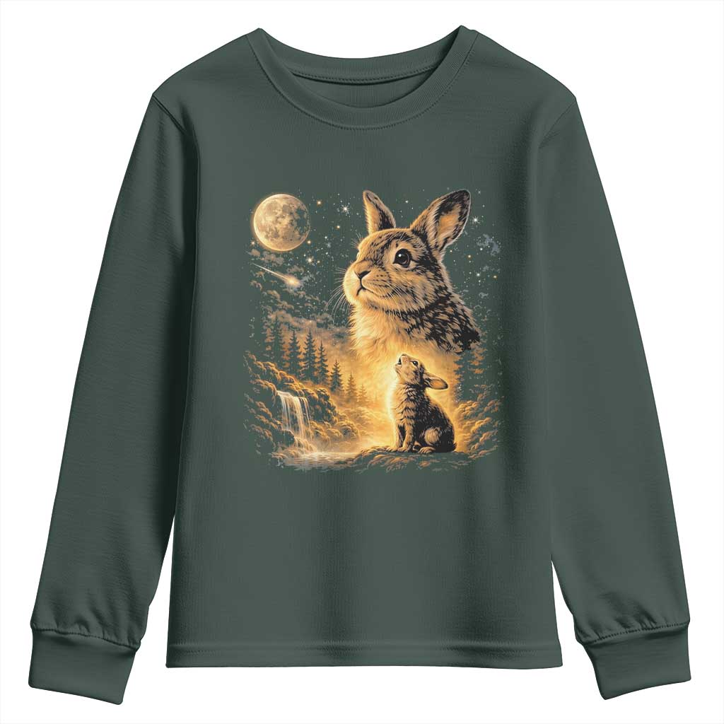 Mystical Moonlit Bunny Graphic Youth Sweatshirt Glowing Rabbit Under Full Moon Waterfall Nature Scene TS02 Dark Forest Green Print Your Wear