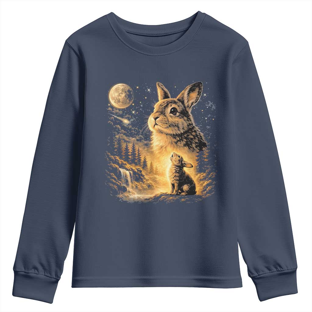 Mystical Moonlit Bunny Graphic Youth Sweatshirt Glowing Rabbit Under Full Moon Waterfall Nature Scene TS02 Navy Print Your Wear