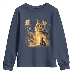 Mystical Moonlit Bunny Graphic Youth Sweatshirt Glowing Rabbit Under Full Moon Waterfall Nature Scene TS02 Navy Print Your Wear
