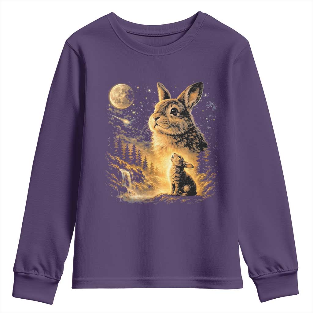 Mystical Moonlit Bunny Graphic Youth Sweatshirt Glowing Rabbit Under Full Moon Waterfall Nature Scene TS02 Purple Print Your Wear