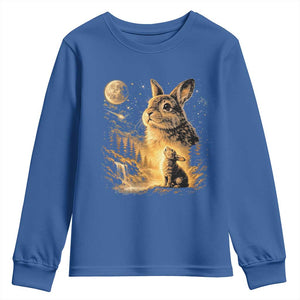 Mystical Moonlit Bunny Graphic Youth Sweatshirt Glowing Rabbit Under Full Moon Waterfall Nature Scene TS02 Royal Blue Print Your Wear