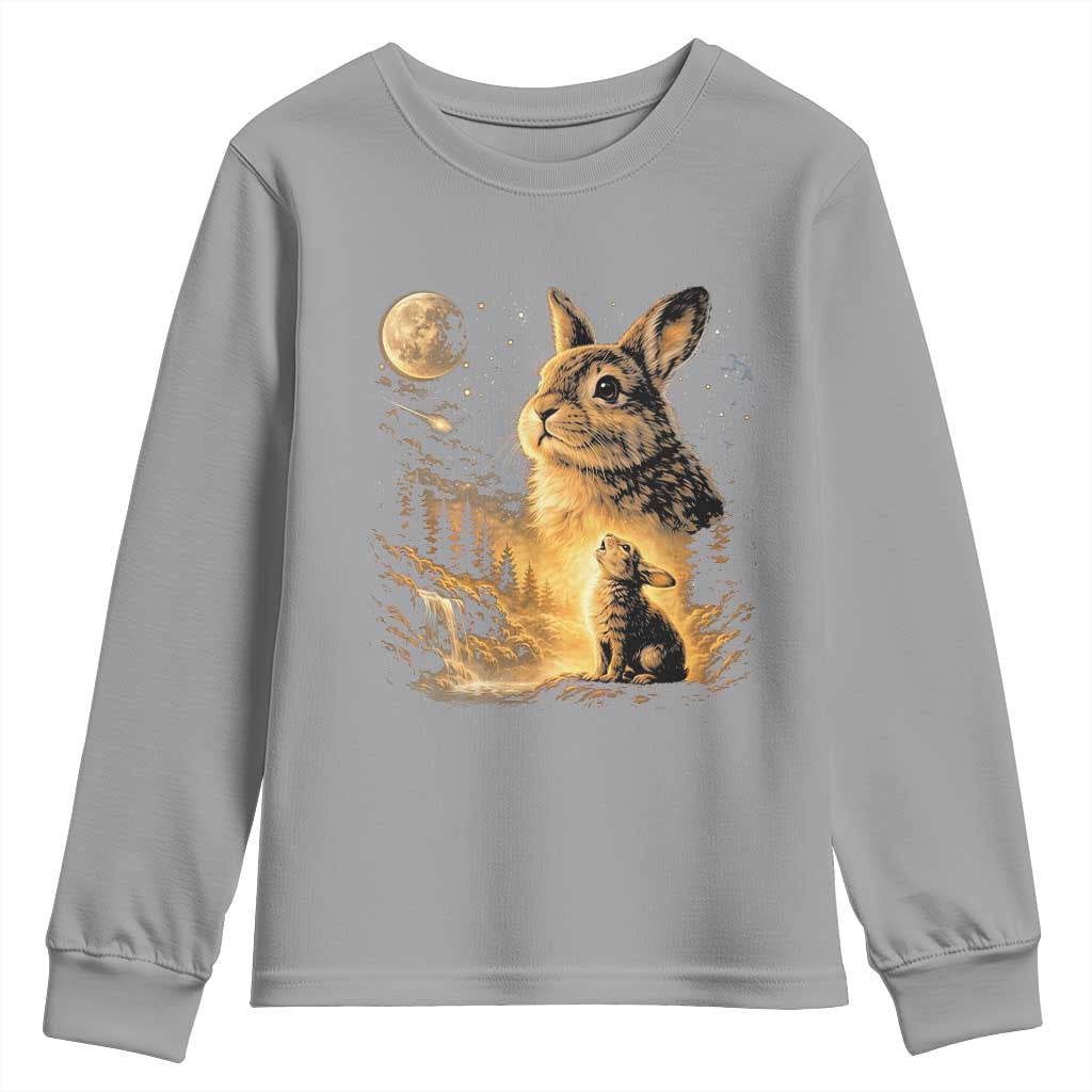 Mystical Moonlit Bunny Graphic Youth Sweatshirt Glowing Rabbit Under Full Moon Waterfall Nature Scene TS02 Sport Gray Print Your Wear