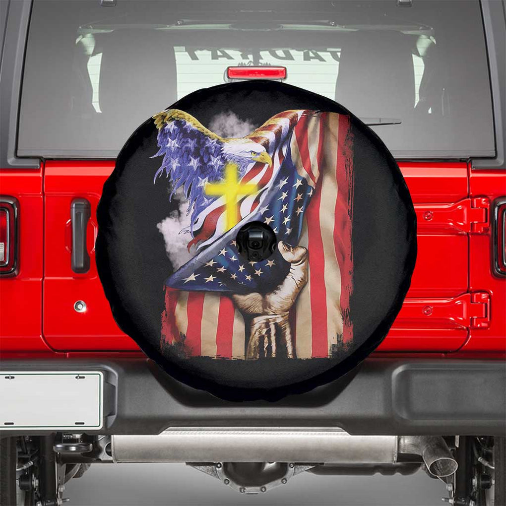 Patriotic American Eagle Spare Tire Cover US Flag Christian Cross One Nation Under God TS02 Black Print Your Wear
