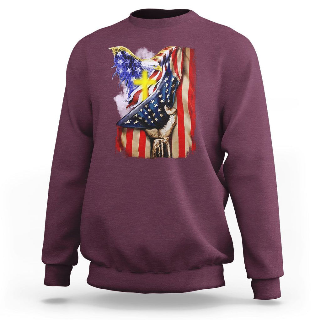 Patriotic American Eagle Sweatshirt US Flag Christian Cross One Nation Under God TS02 Maroon Print Your Wear