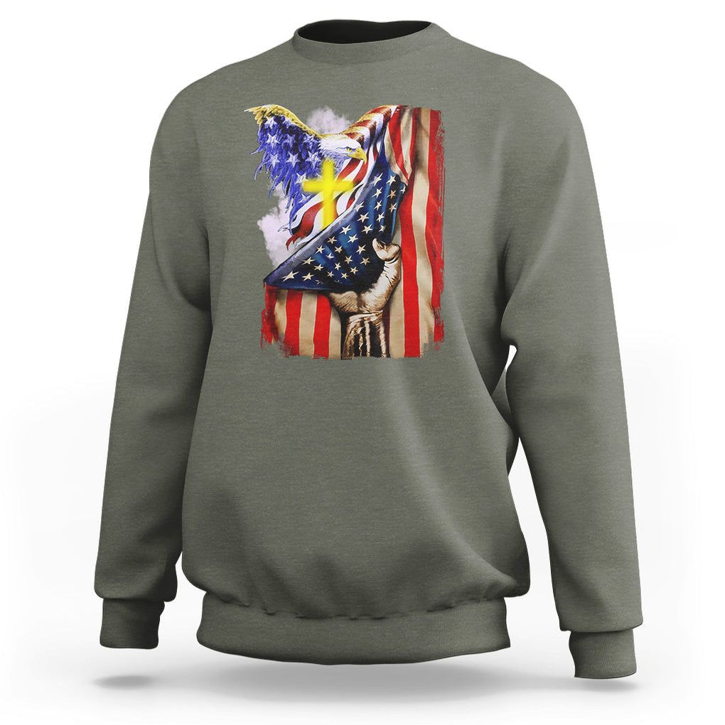 Patriotic American Eagle Sweatshirt US Flag Christian Cross One Nation Under God TS02 Military Green Print Your Wear