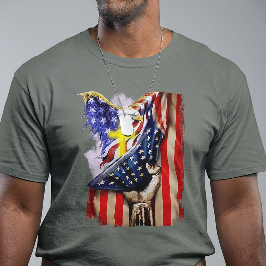 Patriotic American Eagle T Shirt US Flag Christian Cross One Nation Under God TS02 Military Green Print Your Wear