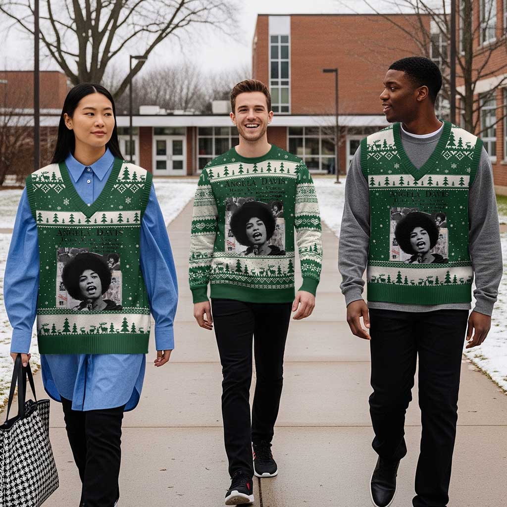 Angela Davis V-Neck Knit Sweater Vest Raise Your Voice Revolutionary Power Liberation TS02 Forest Green Beige Print Your Wear
