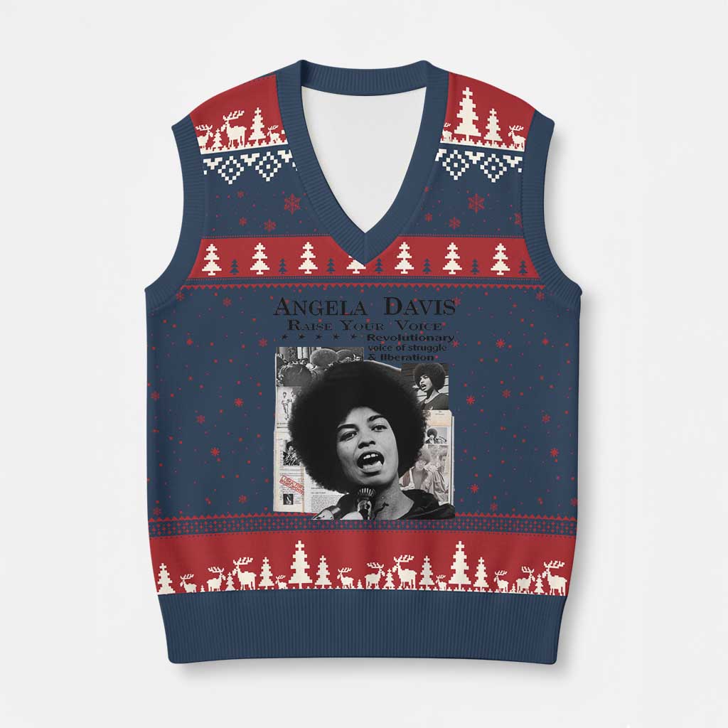 Angela Davis V-Neck Knit Sweater Vest Raise Your Voice Revolutionary Power Liberation TS02 Navy Red Print Your Wear