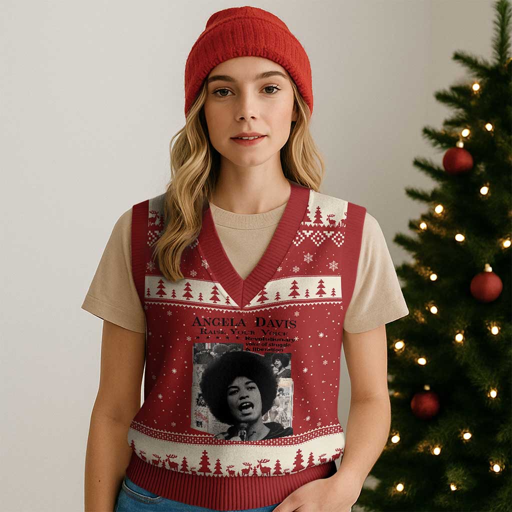 Angela Davis V-Neck Knit Sweater Vest Raise Your Voice Revolutionary Power Liberation TS02 Red Beige Print Your Wear