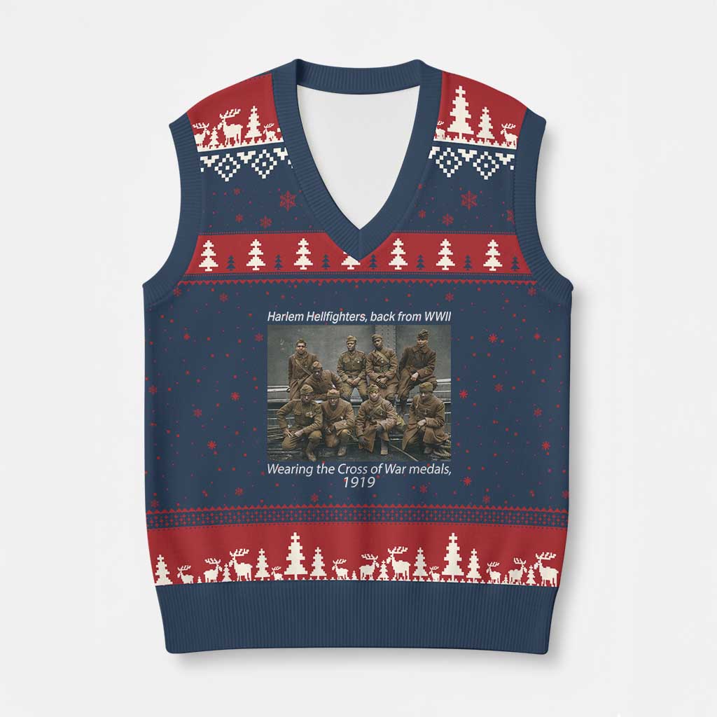 Harlem Hellfighters 1919 WWII Heroes V-Neck Knit Sweater Vest Cross of War Medal Tribute African American Black History TS02 Navy Red Print Your Wear