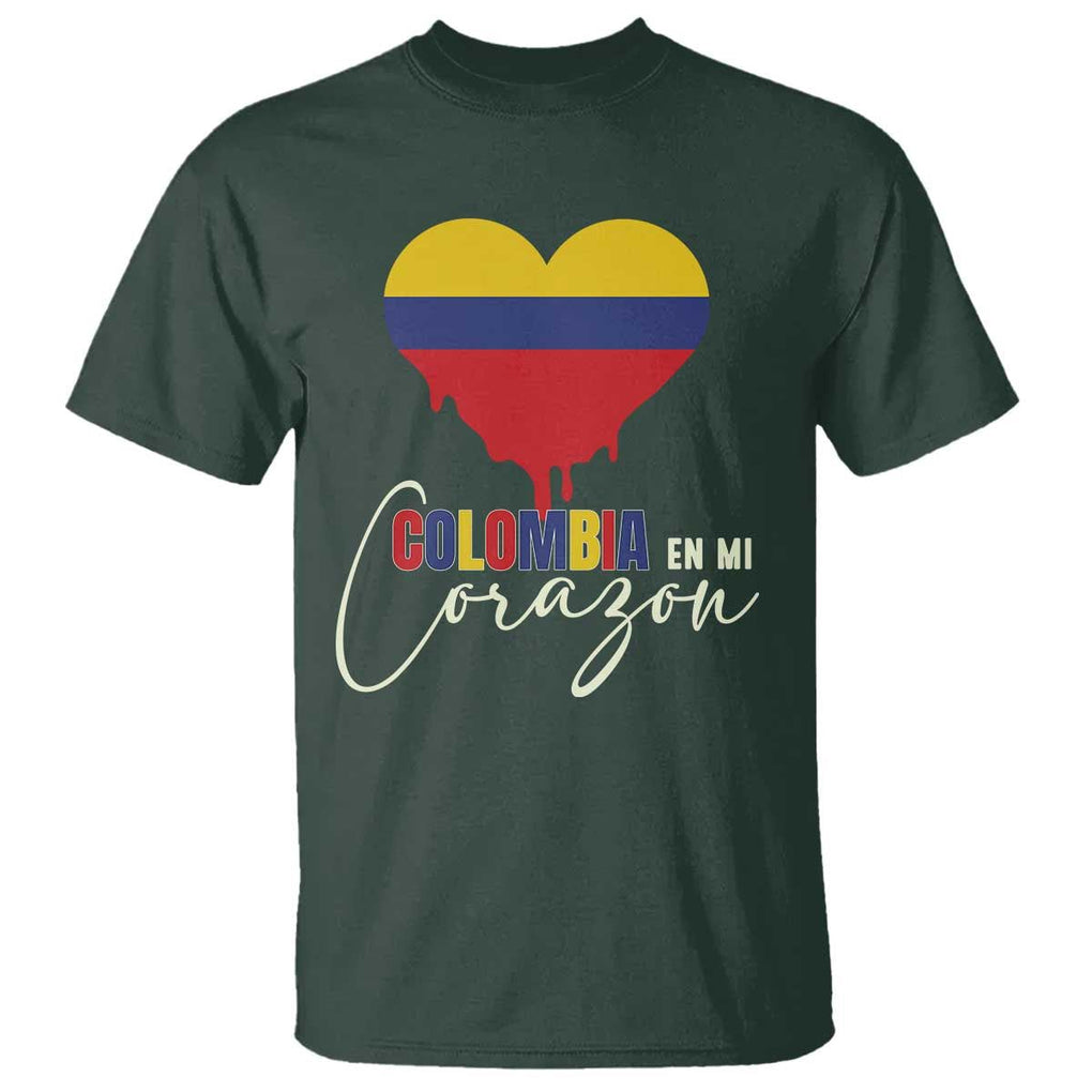 Colombia Pride T Shirt - En Mi Corazon Colombian Flag Heart Heritage Tee TS02 Dark Forest Green Print Your Wear
