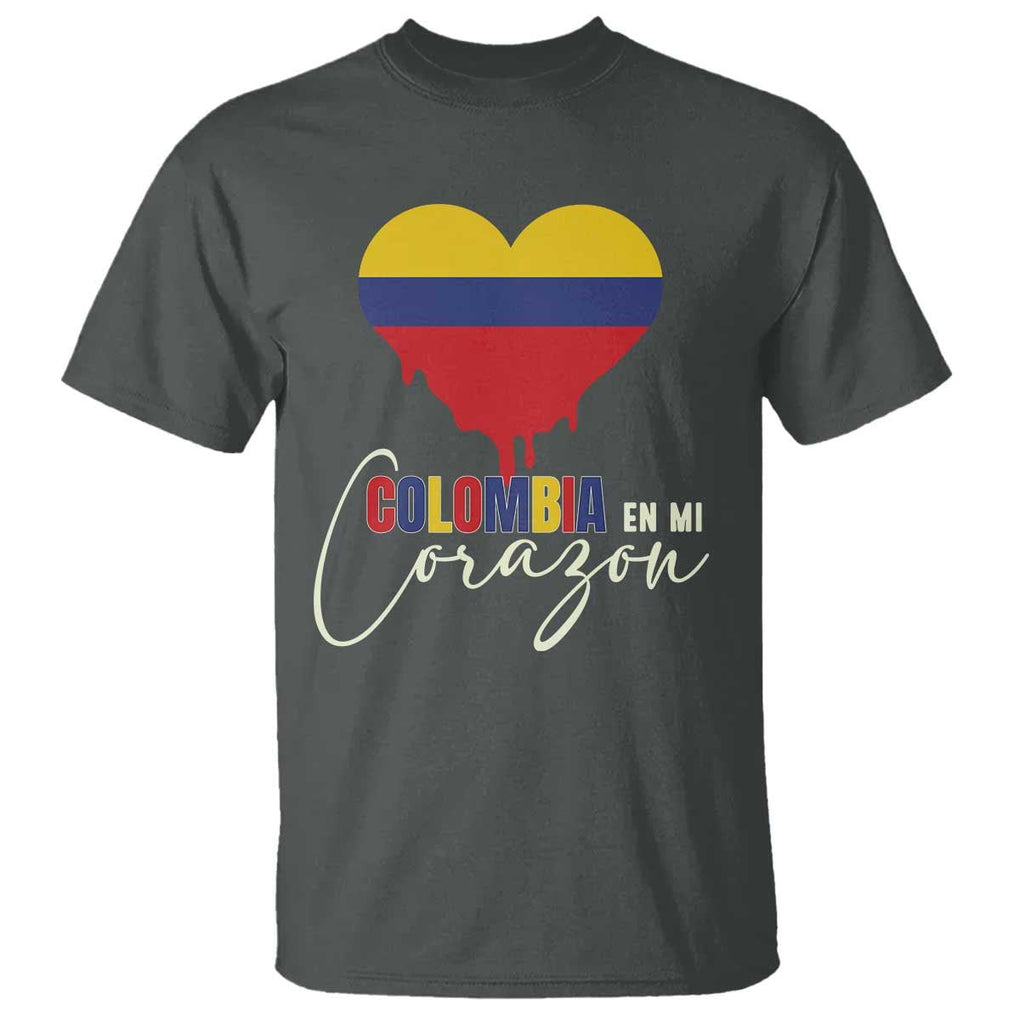 Colombia Pride T Shirt - En Mi Corazon Colombian Flag Heart Heritage Tee TS02 Dark Heather Print Your Wear