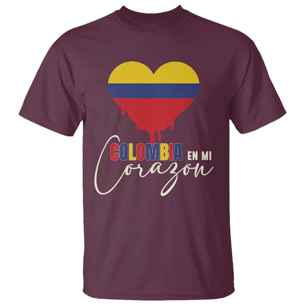 Colombia Pride T Shirt - En Mi Corazon Colombian Flag Heart Heritage Tee TS02 Maroon Print Your Wear