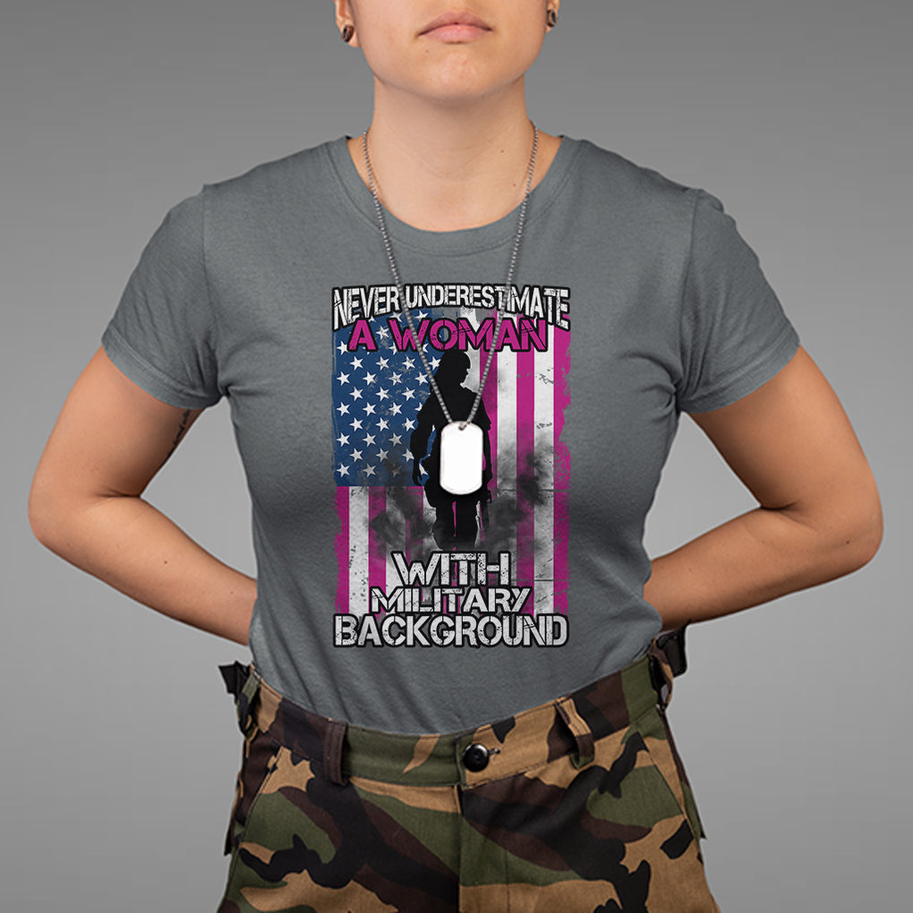 Female Veteran T Shirt Never Underestimate A Woman With Military Background American Flag TS02 Dark Heather Printyourwear