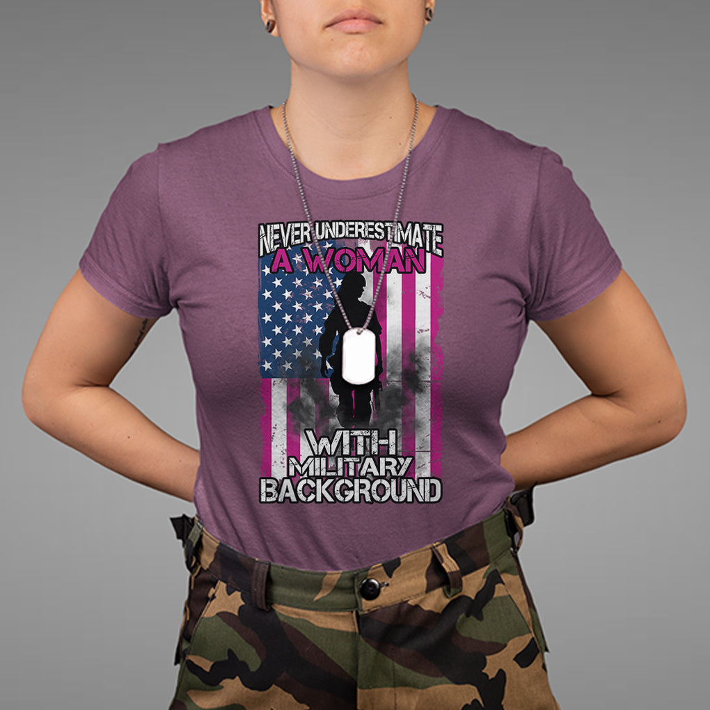 Female Veteran T Shirt Never Underestimate A Woman With Military Background American Flag TS02 Maroon Printyourwear