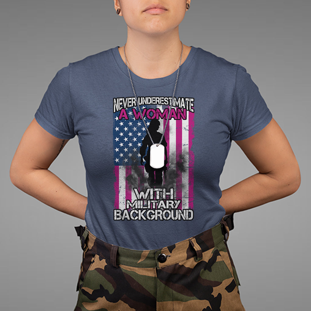 Female Veteran T Shirt Never Underestimate A Woman With Military Background American Flag TS02 Navy Printyourwear
