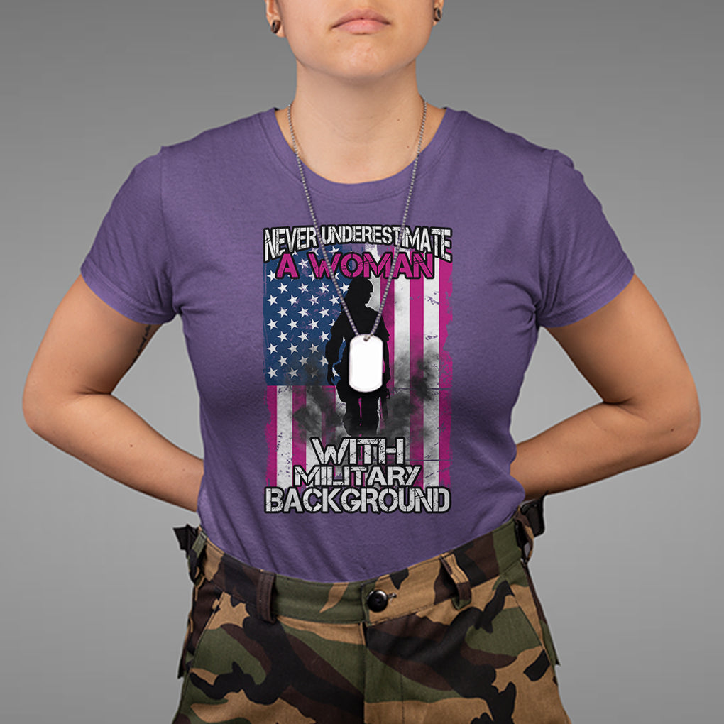 Female Veteran T Shirt Never Underestimate A Woman With Military Background American Flag TS02 Purple Printyourwear