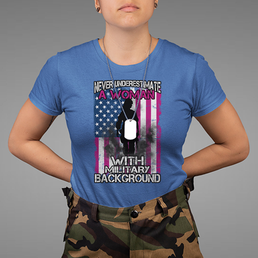 Female Veteran T Shirt Never Underestimate A Woman With Military Background American Flag TS02 Royal Blue Printyourwear