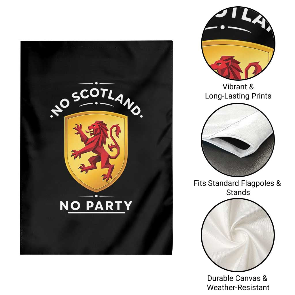 No Scotland No Party Gold Heraldic Shield Red Lion Rampant Garden Flag Game Day Soccer Fans Football Tournament