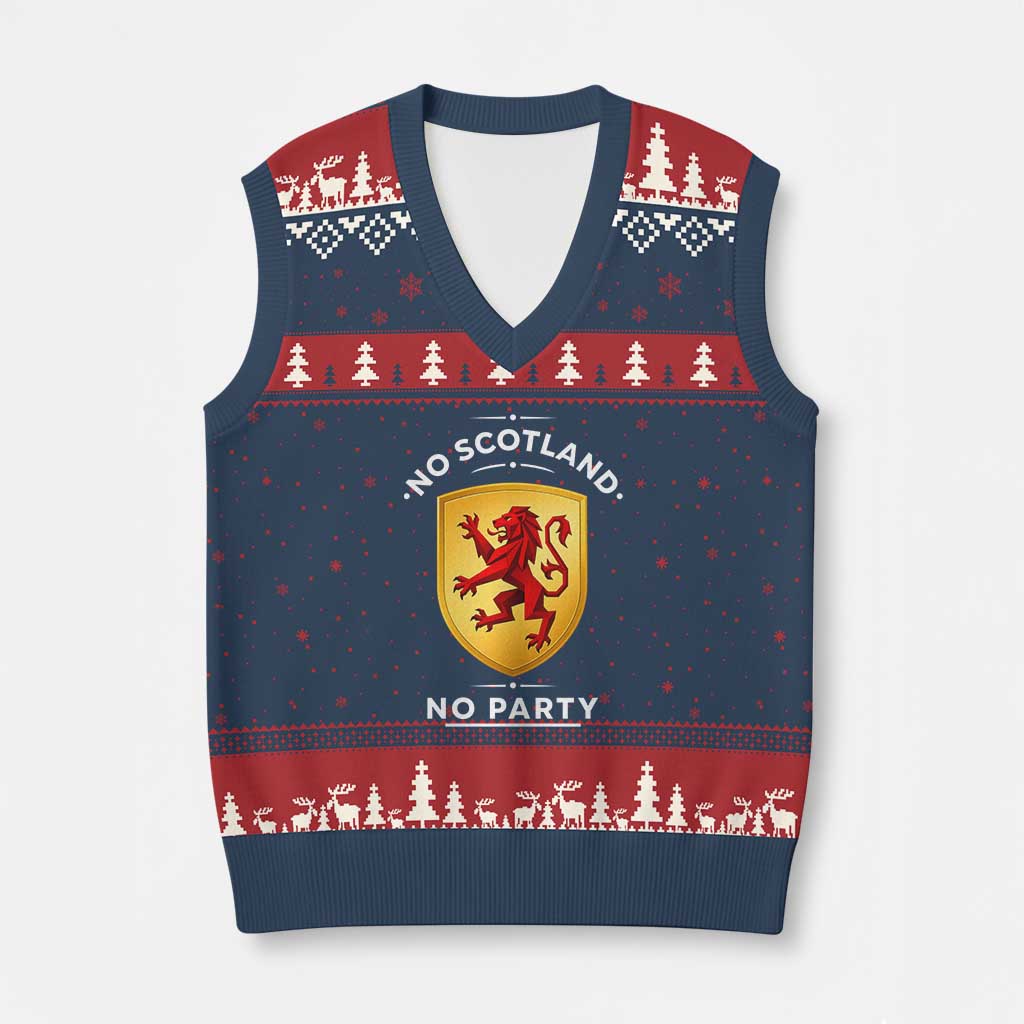 No Scotland No Party Gold Heraldic Shield Red Lion Rampant V-Neck Knit Sweater Vest Game Day Soccer Fans Football Tournament