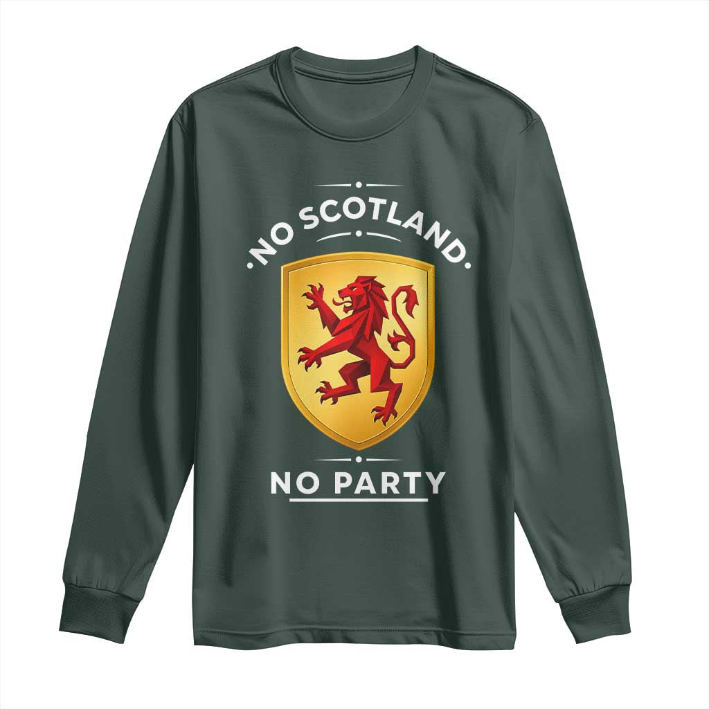 No Scotland No Party Gold Heraldic Shield Red Lion Rampant Long Sleeve Shirt Game Day Soccer Fans Football Tournament