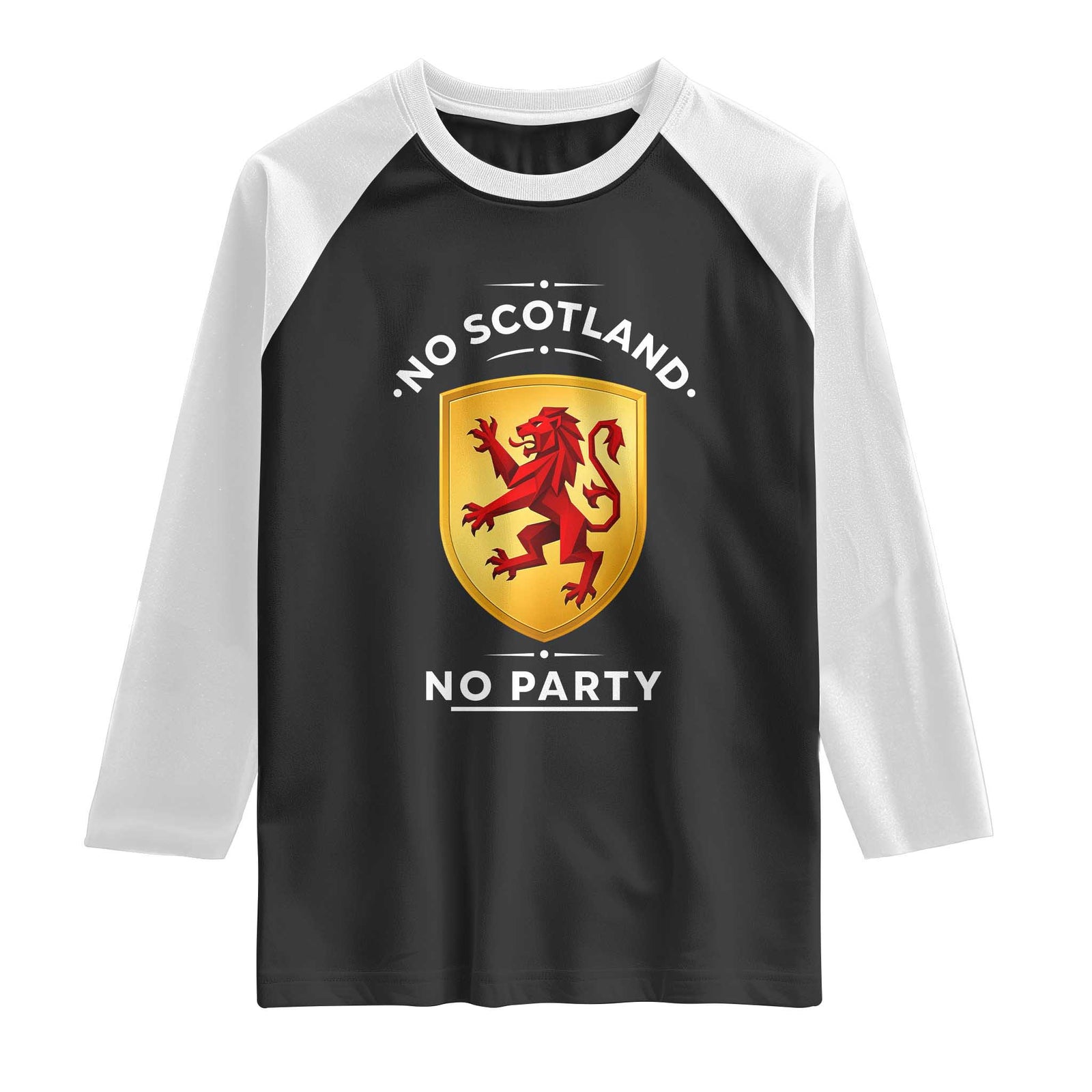 No Scotland No Party Gold Heraldic Shield Red Lion Rampant Raglan Shirt Game Day Soccer Fans Football Tournament TS02 Black White Print Your Wear