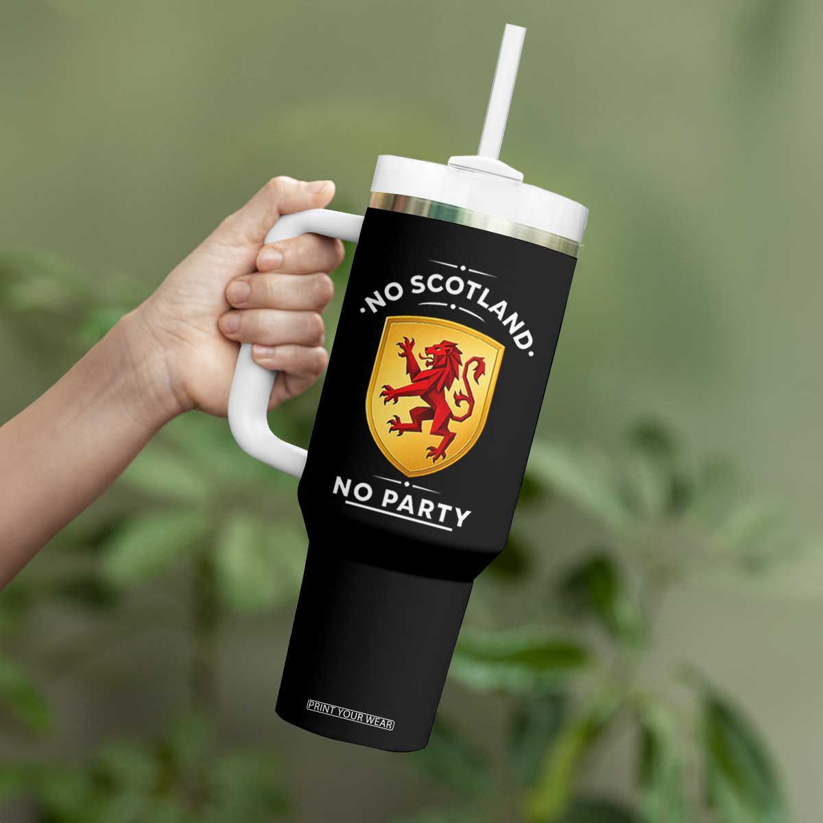 No Scotland No Party Gold Heraldic Shield Red Lion Rampant Tumbler With Handle Game Day Soccer Fans Football Tournament