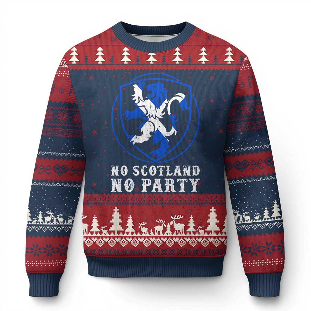 No Scotland No Party Distressed Shield Saltire Cross Ugly Christmas Sweater Vintage Football Fans Game Day TS02 Navy Red Print Your Wear