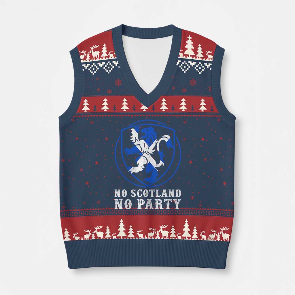 No Scotland No Party Distressed Shield Saltire Cross V-Neck Knit Sweater Vest Vintage Football Fans Game Day TS02 Navy Red Print Your Wear
