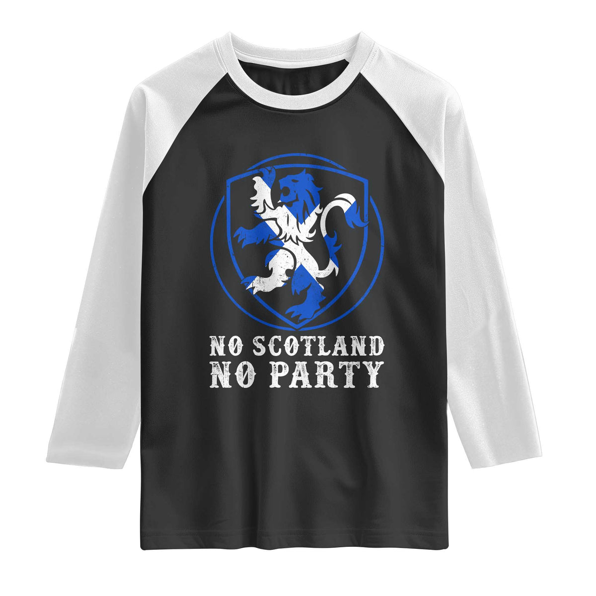 No Scotland No Party Distressed Shield Saltire Cross Raglan Shirt Vintage Football Fans Game Day